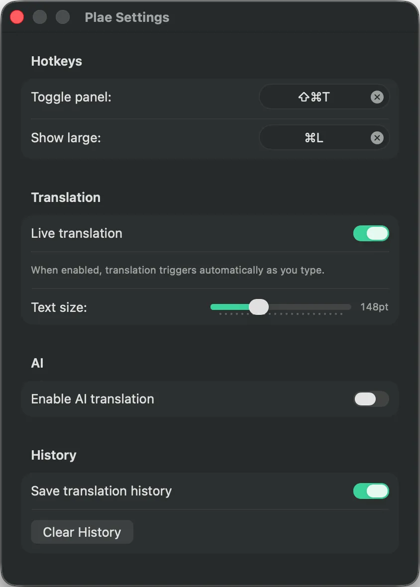 Plae settings configured for Apple Translation