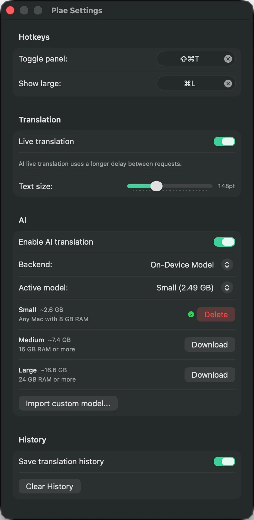 Plae settings configured for Built-in AI model